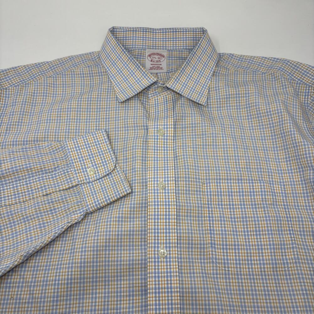 Brooks Brothers 17 1/2-34 Blue Orange Check Long Sleeve Button Up Dress Shirt